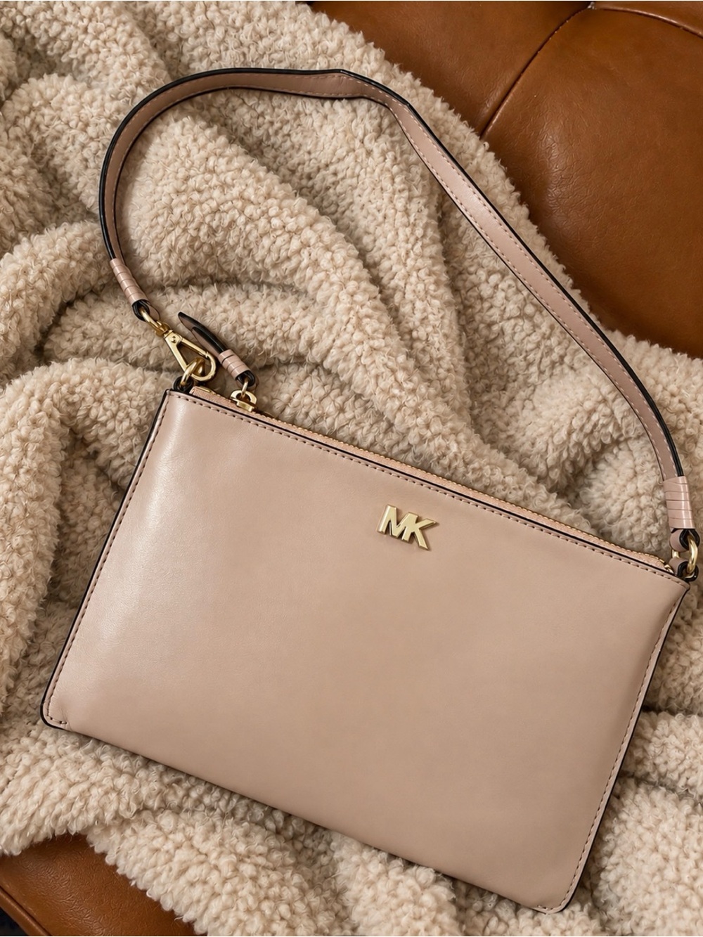 Michael Kors Taupe/Soft Blush pink Leather Mini Shoulder Bag/Wristlet.